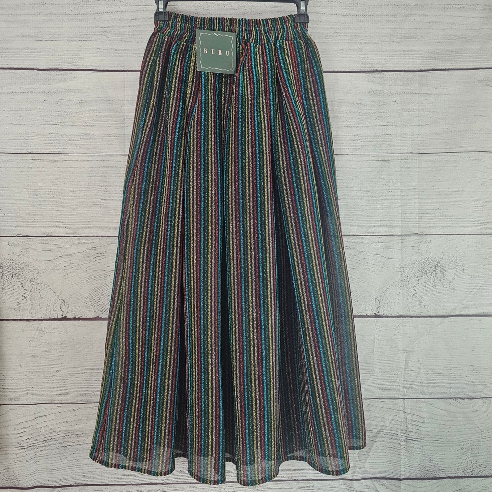 BURU Size Small Metallic Glitter Striped Pleated Midi Party Skirt NWT 1525